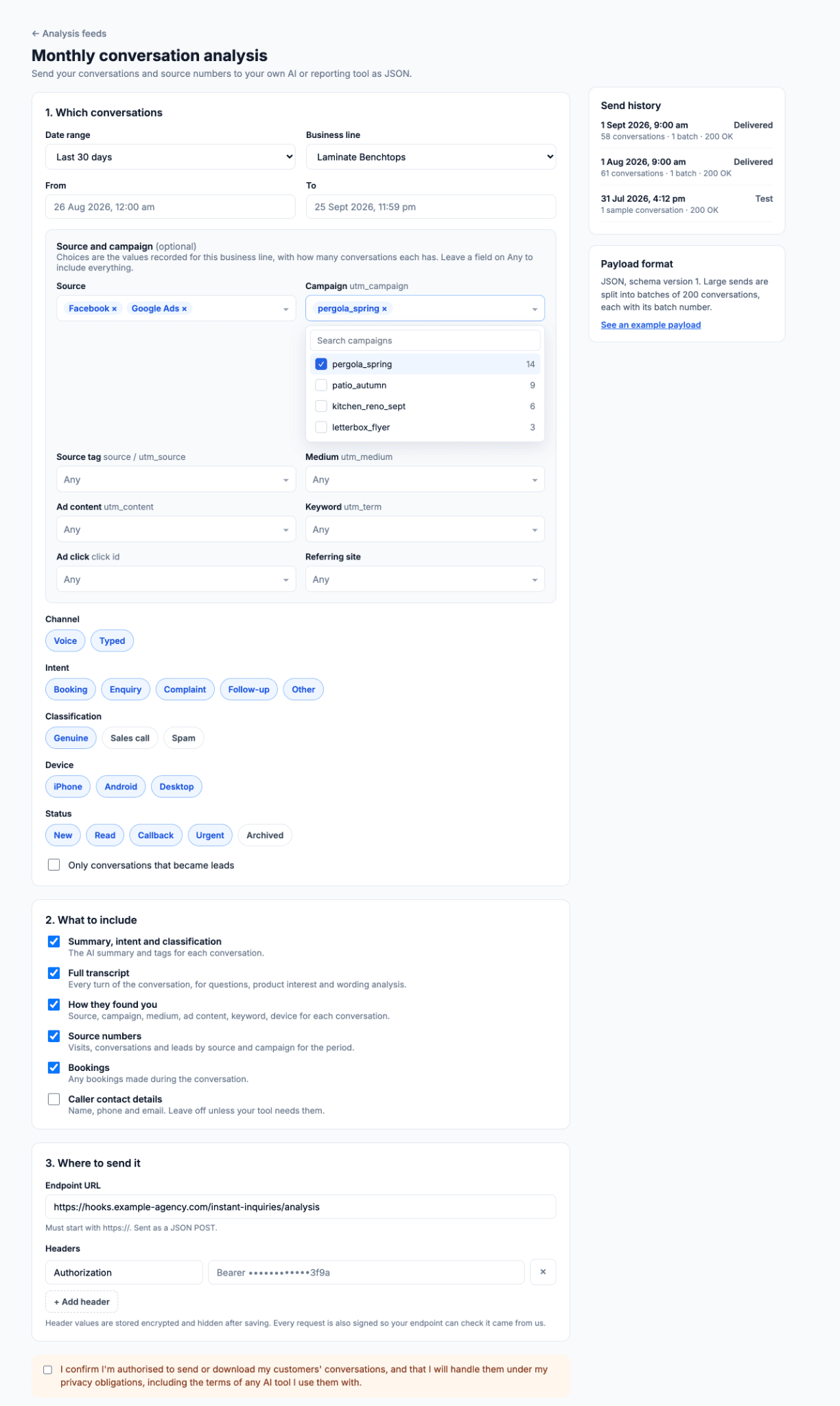 Instant Inquiries analysis feed editor showing conversation filters, selectable data, endpoint delivery and send history