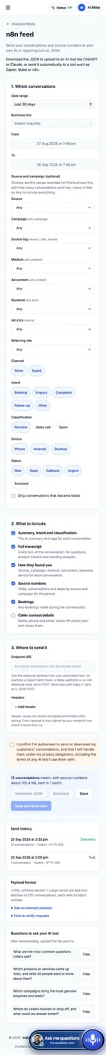 Instant Inquiries analysis feed editor showing conversation filters, selectable data, endpoint delivery and send history